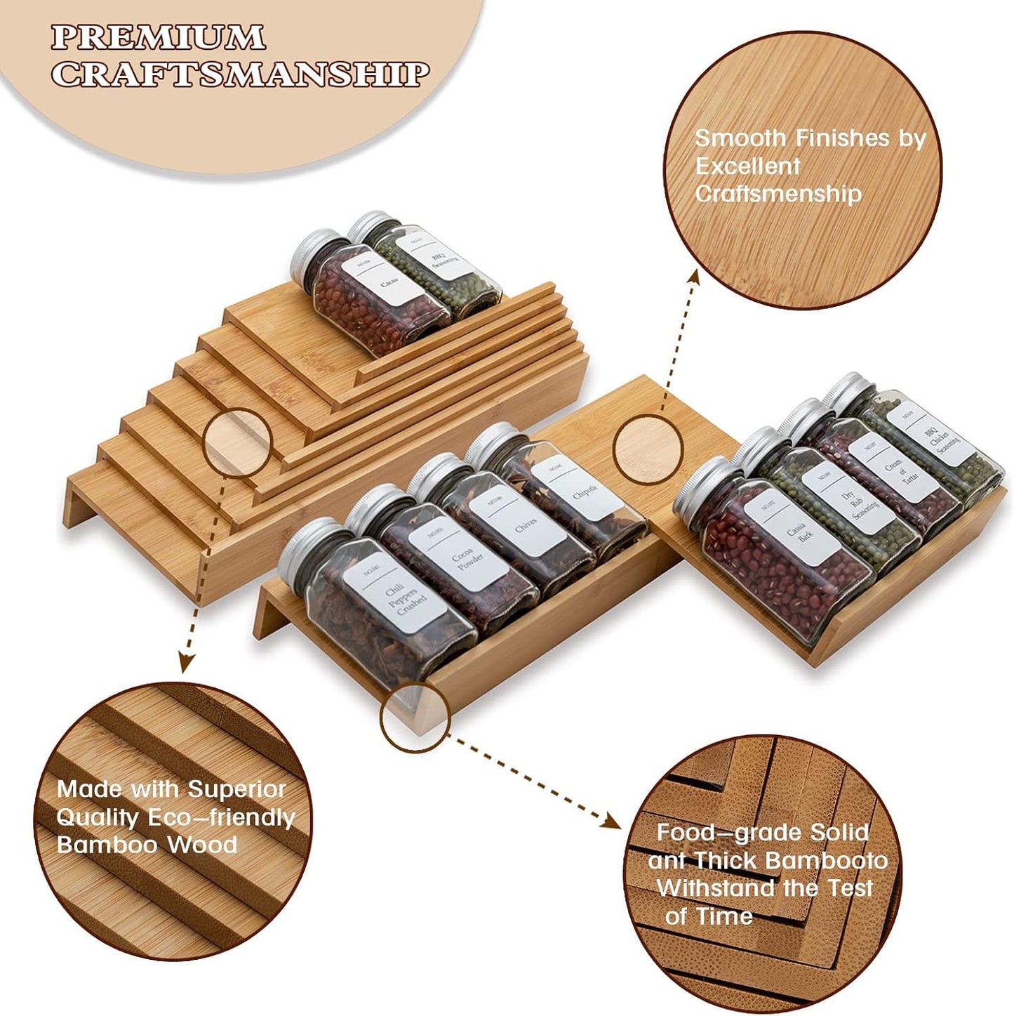 Bamboo Spice Rack Drawer Organizer - 8 Pieces Set- 7" Wide Per Piece - Combine Pieces Into 14" Wide Rack (7" or 14")