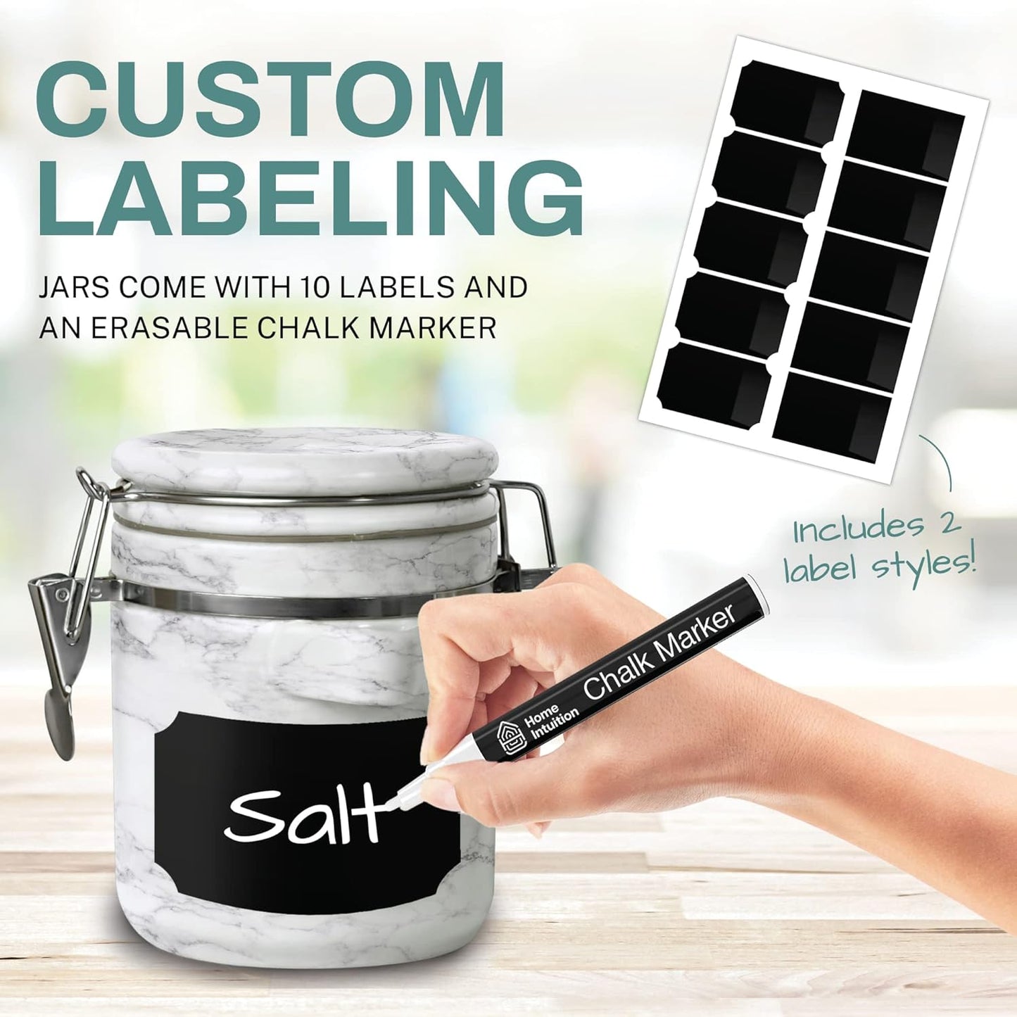 Home Intuition 4-Piece Ceramic Kitchen Canisters Set, Airtight Containers with Wooden Spoons Reusable Chalk Labels and Marker for Sugar, Coffee, Flour, Tea (White Marble)