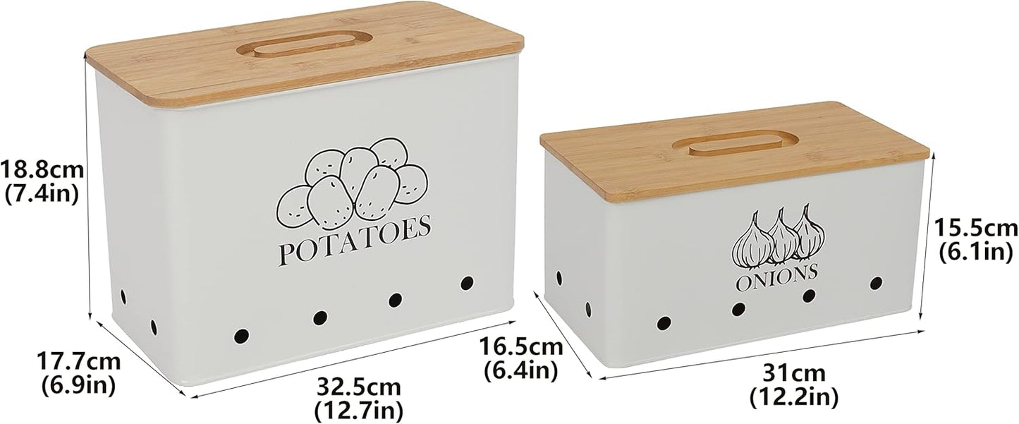 Potato Onion Storage Box, Food Container Sets, Storage Canisters for Vegeatables, Set of 2 Jars Pots Containers, Potato & Onion Bin with Aerating Tin Storage Holes & Bamboo Lid-White
