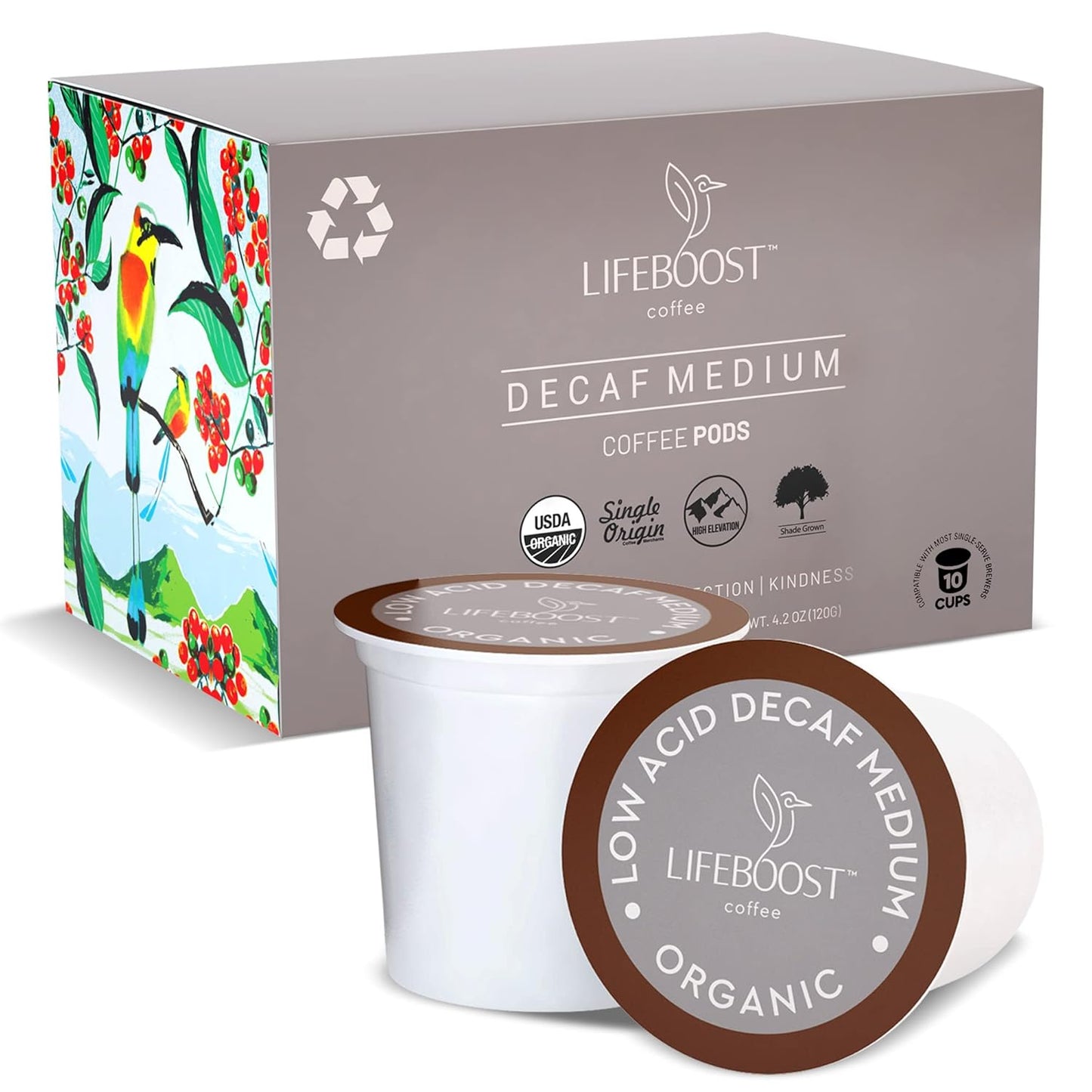 Lifeboost Organic Decaf Coffee K Cups - Low Acid Single Origin Non-GMO Mold Free Decaf Coffee Pods Compatible with Keurig & Keurig 2 - No Mycotoxins or Pesticides - 10 Count