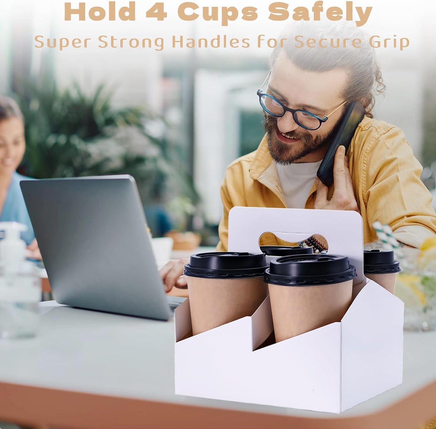 Kraft Paperboard 4-Cup Drink Carrier with Handle, 12-30 oz Coffee Cup Holder, Takeout Beverage Delivery, 15-Pack(Without Cups)