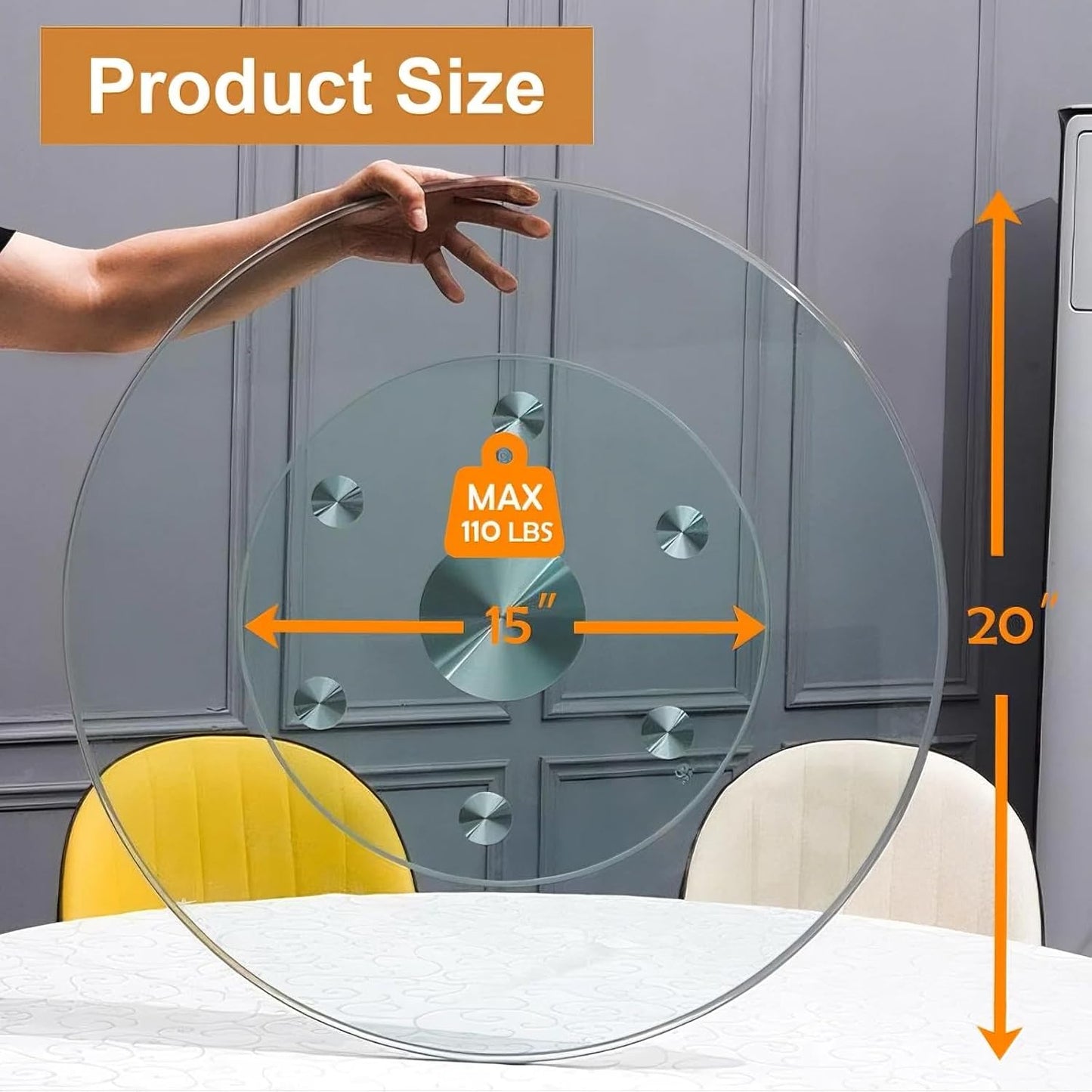 20" Tempered Glass Lazy Susan Turntable, 360° Silent-Spin Round Clear Tabletop Rotating Tray, Centerpiece for Dining Tables, Smooth Rotation, for Banquets, Weddings & Family Gatherings