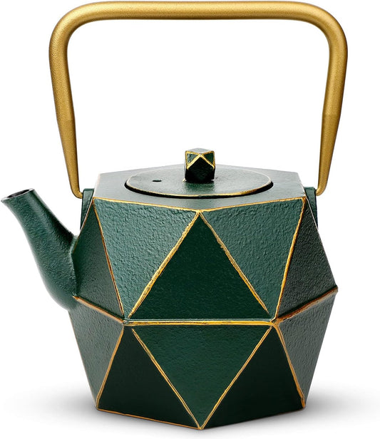 Toptier Cast Iron Teapot, Stovetop Safe Japanese Cast Iron Tea Kettle, Diamond Design Tea Pot with Removable Infuser for Loose Tea, 54 Ounce (1600 ml), Dark Green