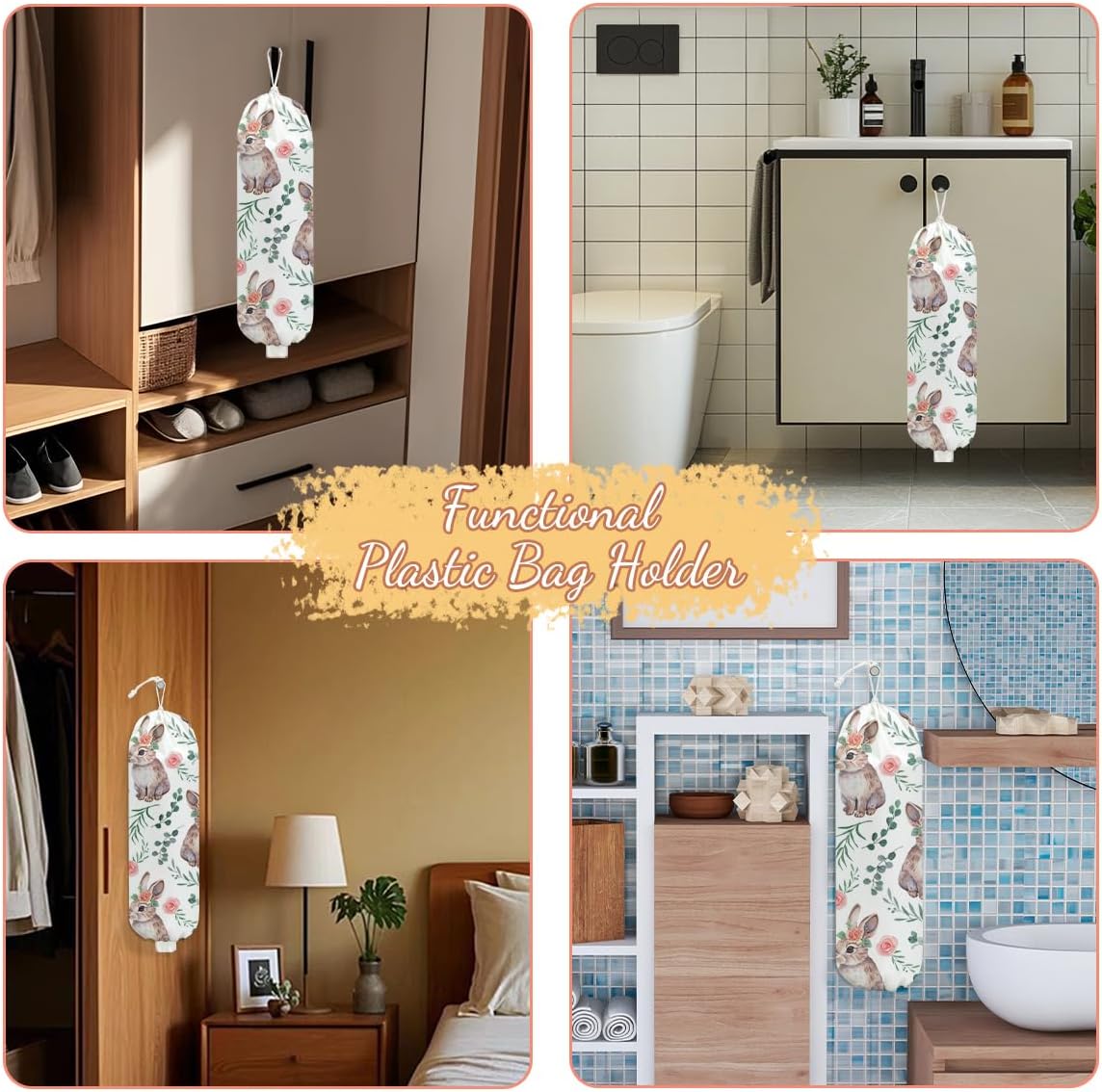 Rabbit Bunny Plastic Bag Holder, Wall Mount Grocery Bag Holder, Plastic Storage bag, Pull Rope Free Adjustment, Plastic Bag Holders for Grocery Bags, Plastic Bag Dispenser for Home Kitchen Camping