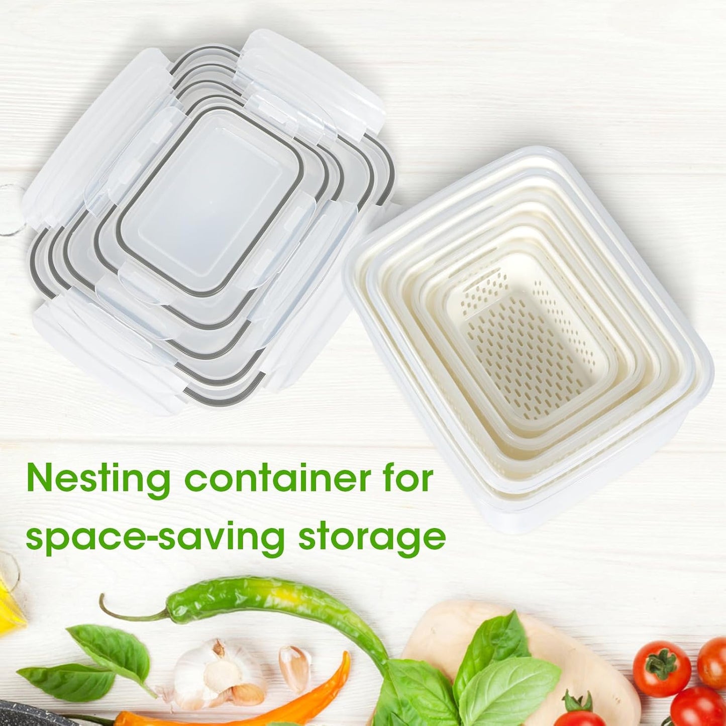 Fruit Storage Containers for Fridge, 4 Pack Produce Saver Vegetable Container with Drain Colanders - Refrigerator Organizer for Lettuce Keepers Berry Container