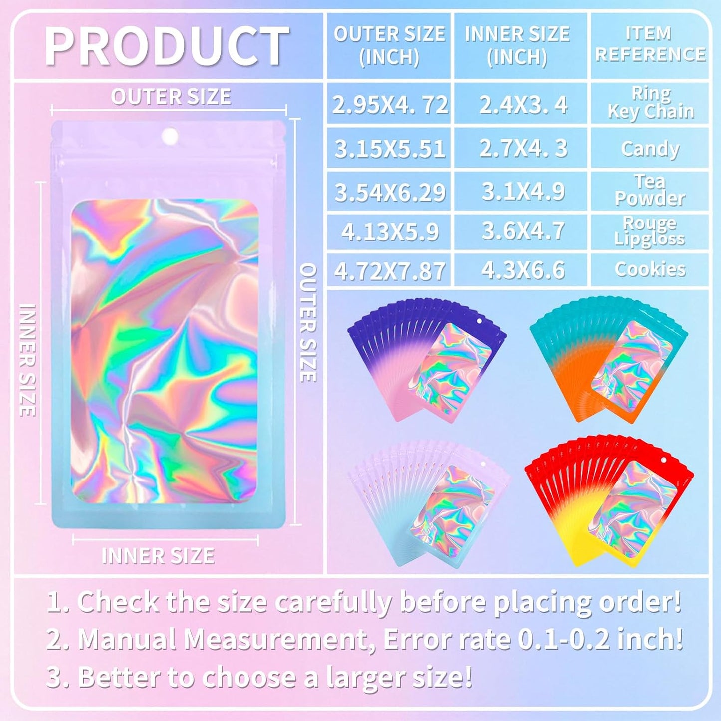 200 Pack Resealable Mylar Holographic Bags Food Storage Smell Proof Bags with Front Window Foil Packaging Pouch for Candy Sample Jewelry Small Business 4.72×7.87 Inch, Red Fade Yellow