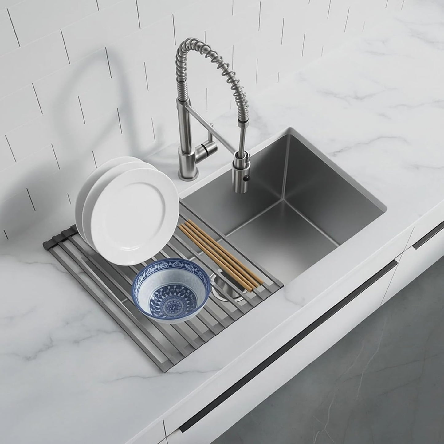 Dowell Over The Sink Roll-Up Dish Drying Rack Silicone Wrap, 17 Rods Dishwasher Safe, Food Safe, Heat Resistant, Foldable, Space-Saving, Multi-Purpose Sink Organizer for Any Surface