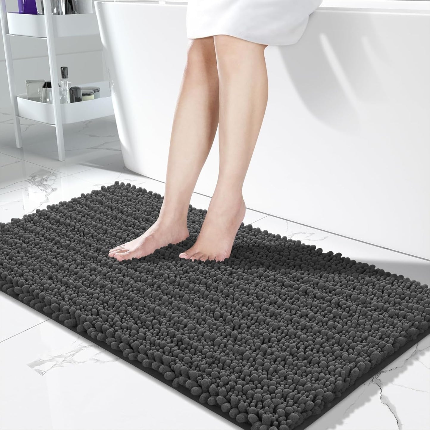 Yimobra Bathroom Runner Rug 55x24 Inch - Extra Long Non Slip Chenille Bath Mat, Soft & Absorbent, Machine Washable Shaggy Hallway Carpet for Vanity Tub Shower, Dark Gray Home Decor Accessories