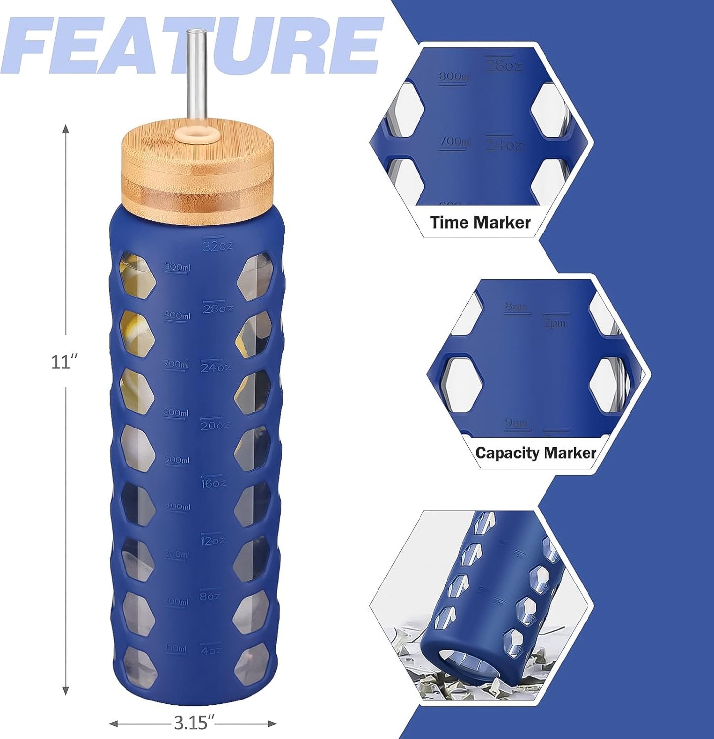 MUKOKO Glass Water Bottles, 32oz Glass Tumbler with Straw, Drinking Bottles with 2 Lids-Handle Spout Lid&Bamboo Straw Lid, Motivational Water Bottle with Time Marker and Silicone Sleeve, 1 Pack-Blue
