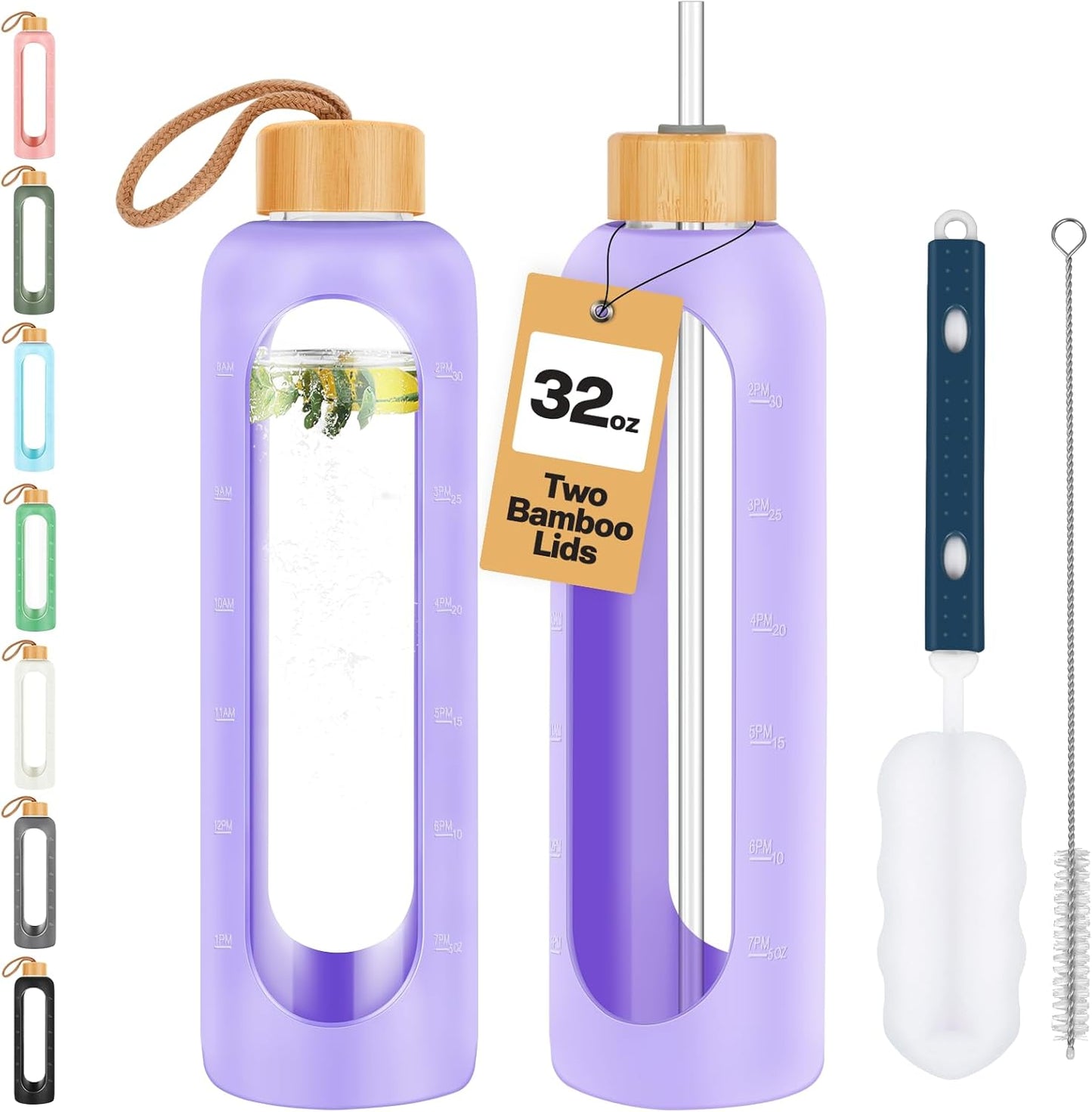 Glass Water Bottles 32 oz - Motivational Drinking Glass Water Bottle with Silicone Sleeve, Straw & 2 Bamboo Lids - 1 Liter Clear Borosilicate Daily Intake Tumbler with Time Marker - Violet
