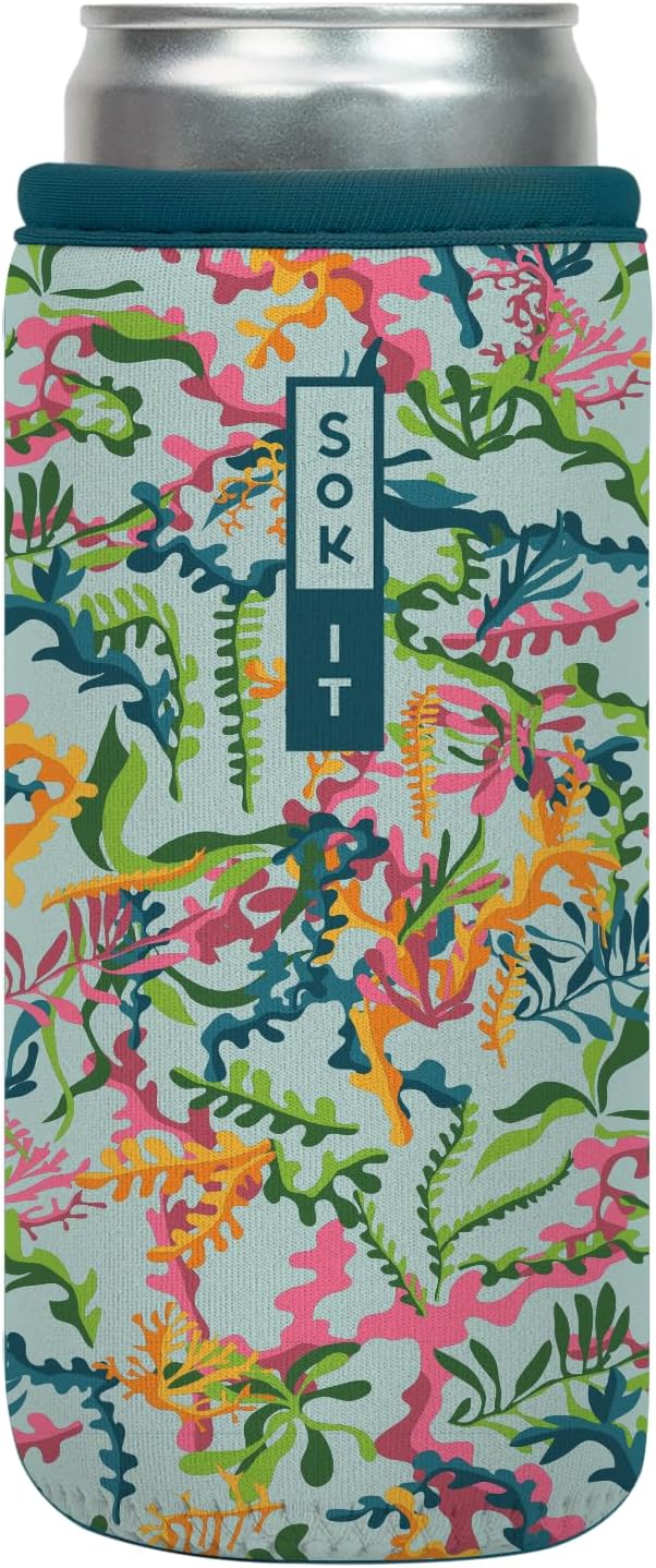 Sok It CanSok Sleeve for Beer & Soda Insulated Neoprene Cover (Colorful Corals, 12oz Slim Can Sleeve)