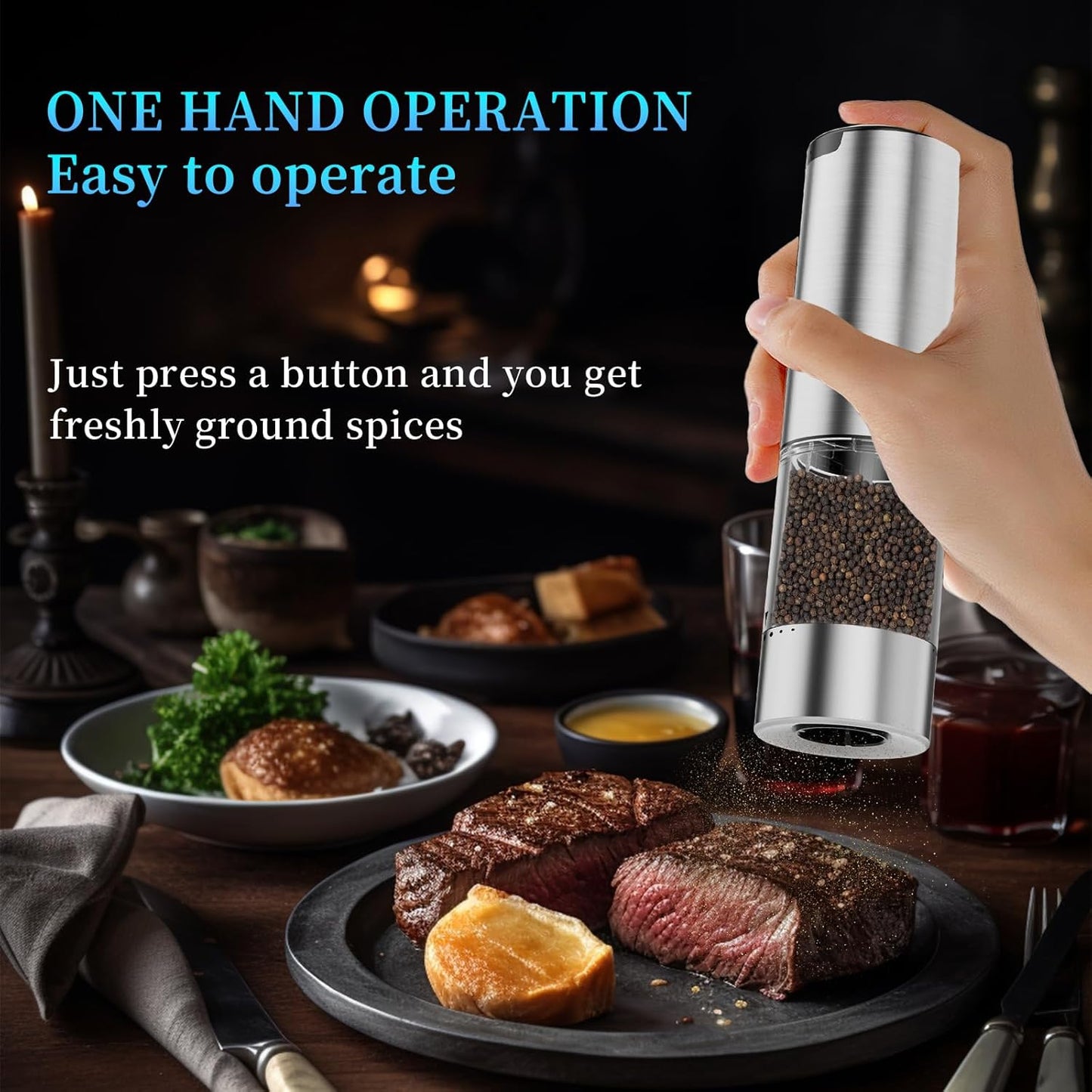 Electric Salt and Pepper Grinder Set Type-C Fast Charging, Automatic Salt and Pepper Shakers Adjustable Coarseness, Stainless Steel Rechargeable Salt and Pepper Grinder with LED Light