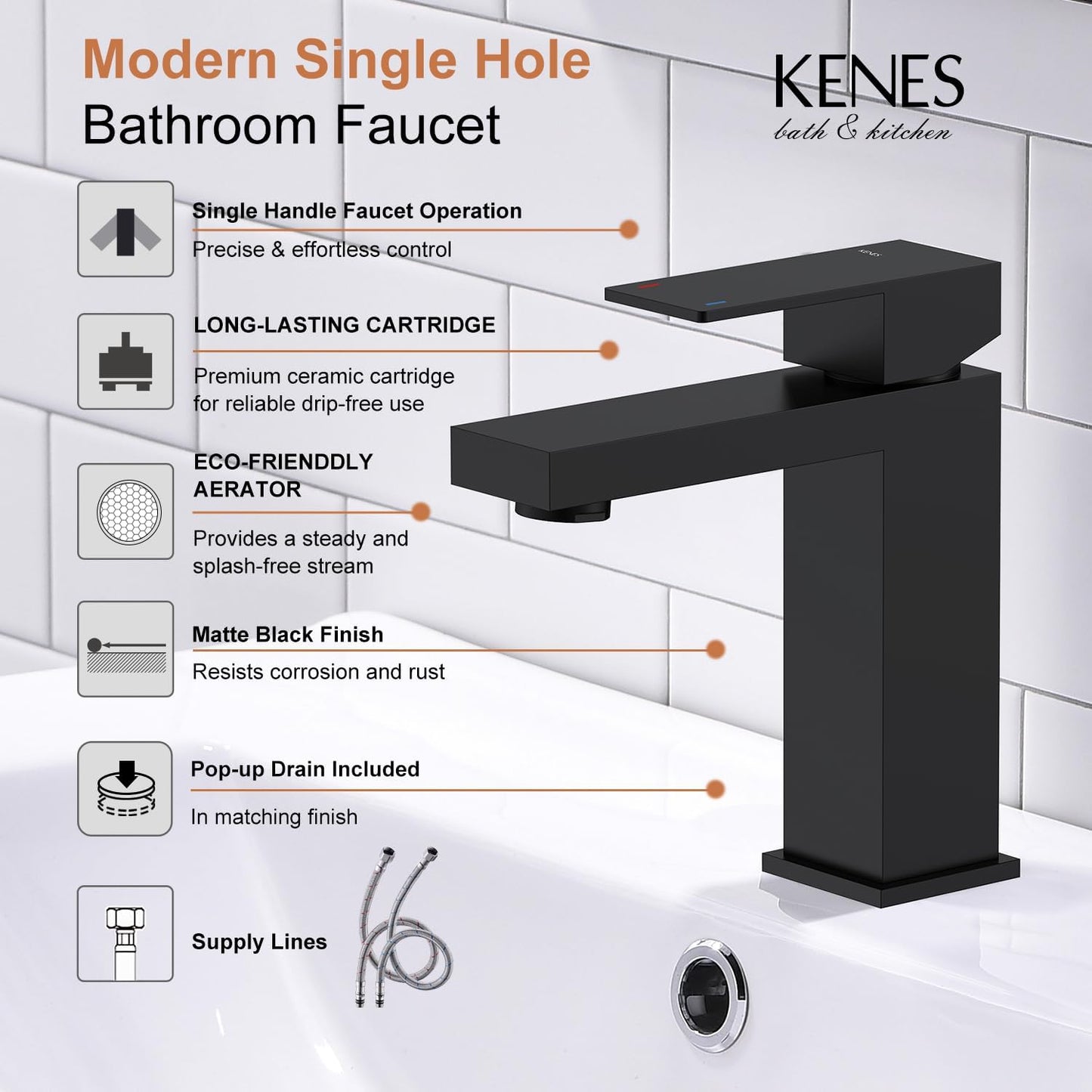 KENES Matte Black Single Handle Bathroom Sink Faucet, Stainless Steel Vanity Faucet for Bathroom Sink, with Pop Up Drain Stopper & Water Supply Hoses LJ-9031-2