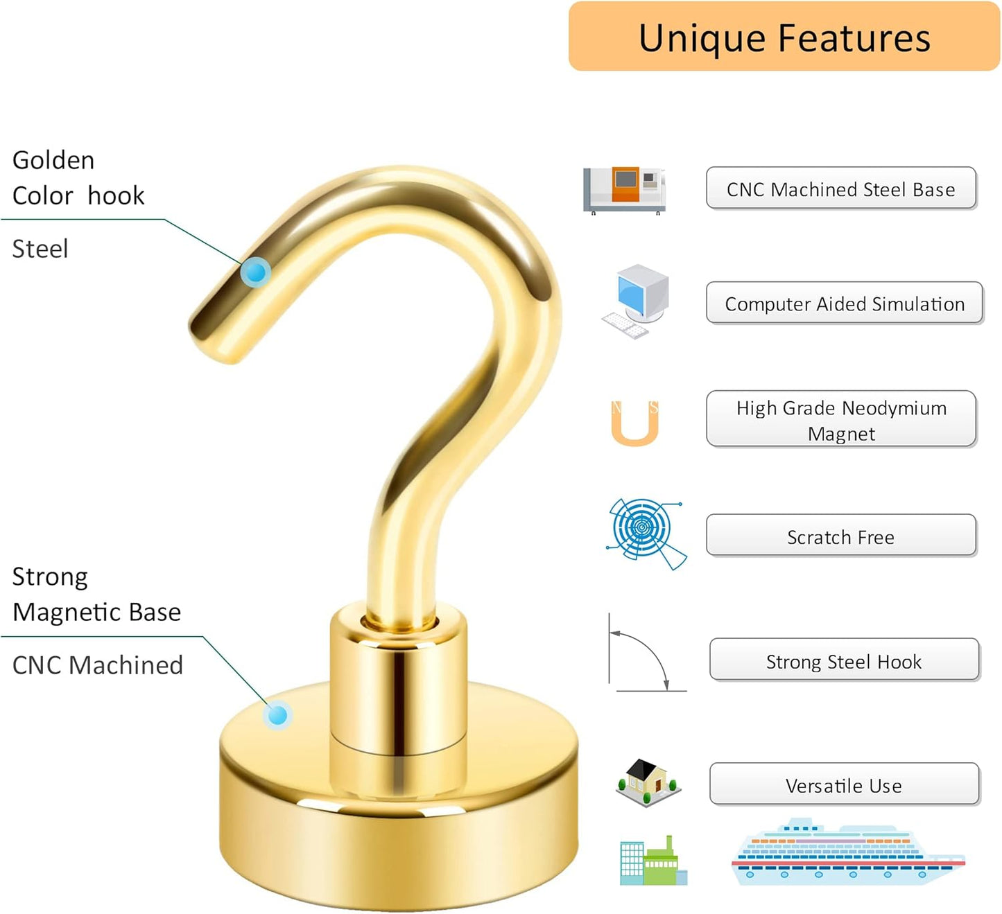 Neosmuk Magnetic Hooks,30lb+ Heavy Duty Earth Magnets with Hook for Refrigerator, Extra Strong Cruise Hook for Hanging, Magnetic Hanger for Cabins, Grill (Golden, 10 Pack)