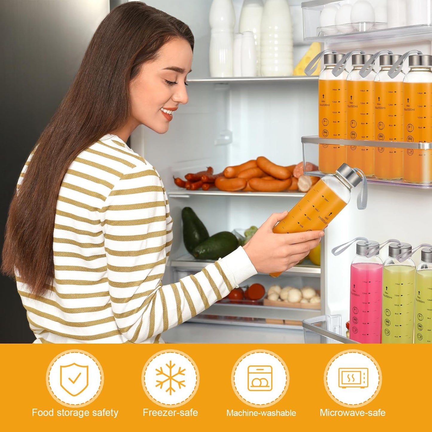 Vesici 6 Pack 18 oz Glass Water Bottles with Lids Clear Reusable Juicing Storage Container with Scale Mark and Stainless Steel Lids and Cleaning Brush for Milk Beverage Refrigerator Travel Leakproof