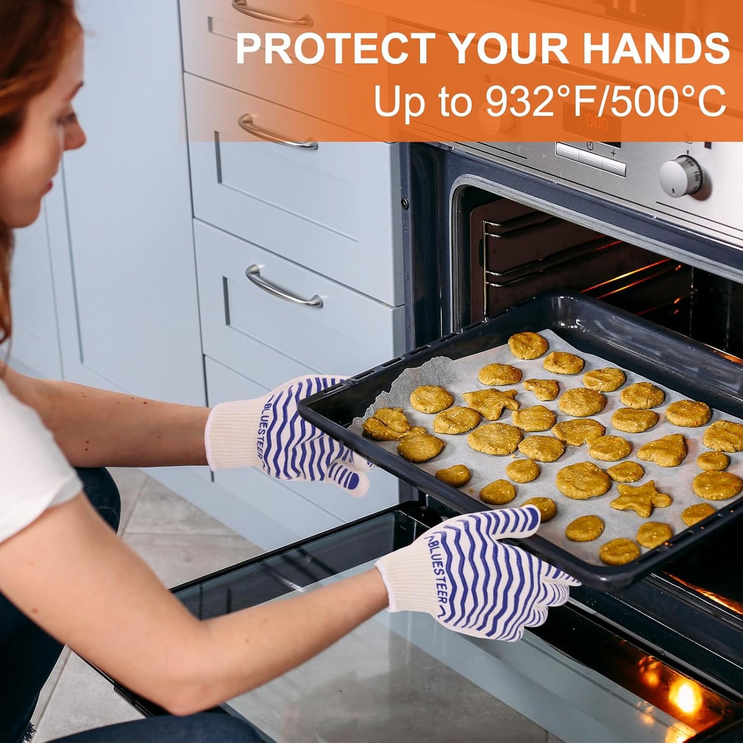 Oven Gloves 932°F Heat Resistant Oven Mitts with Fingers, Heat Proof BBQ Grill Gloves Silicone Grip Fireproof Gloves for Kitchen Cooking Grilling Baking