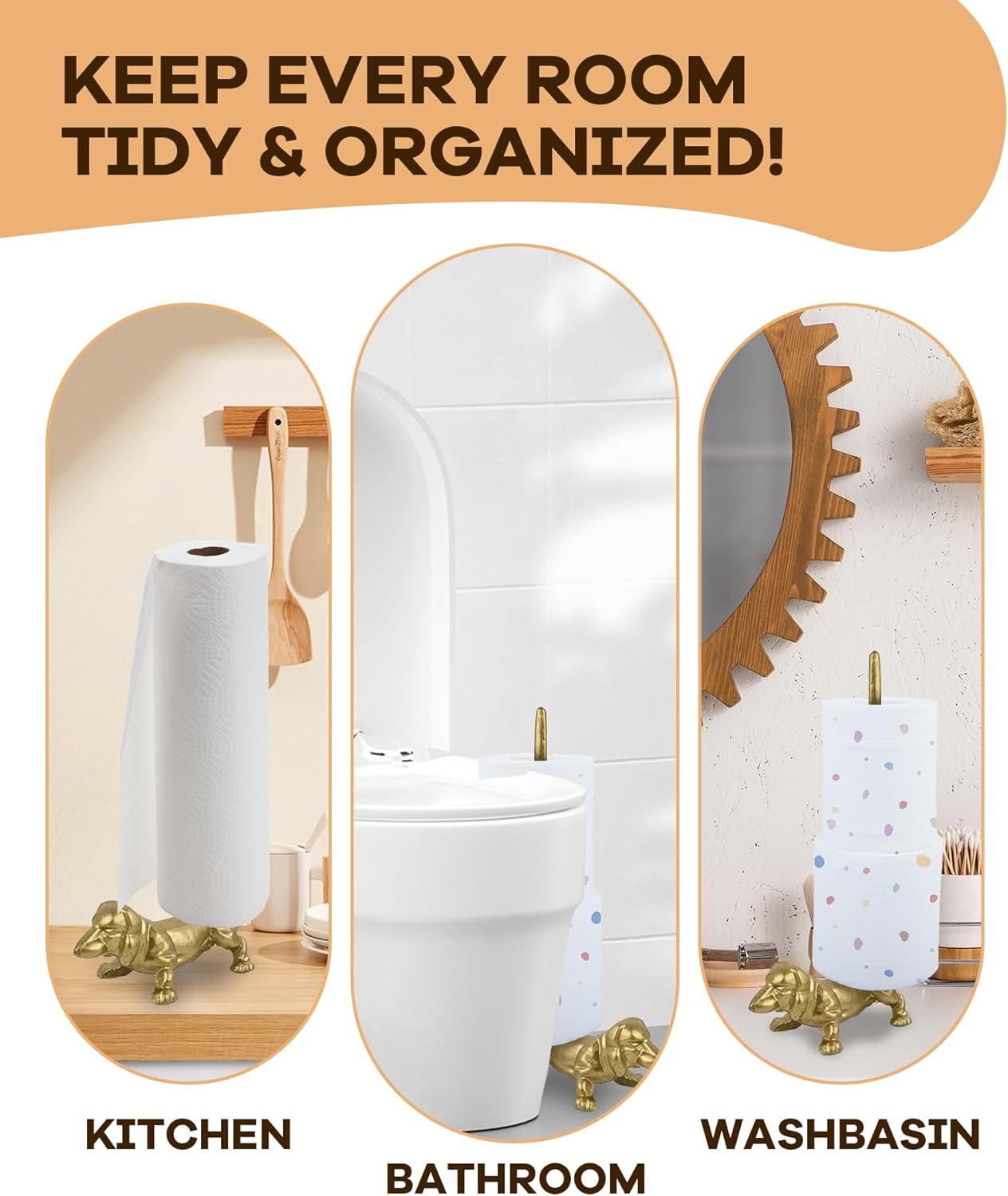 Gold Dog Paper Towel Holder for Kitchen & Bathroom - Decorative Cast Iron Free Standing Paper Roll Stand with Heavy Base, Slim Design Counter Organizer for Home, Apartment & Office