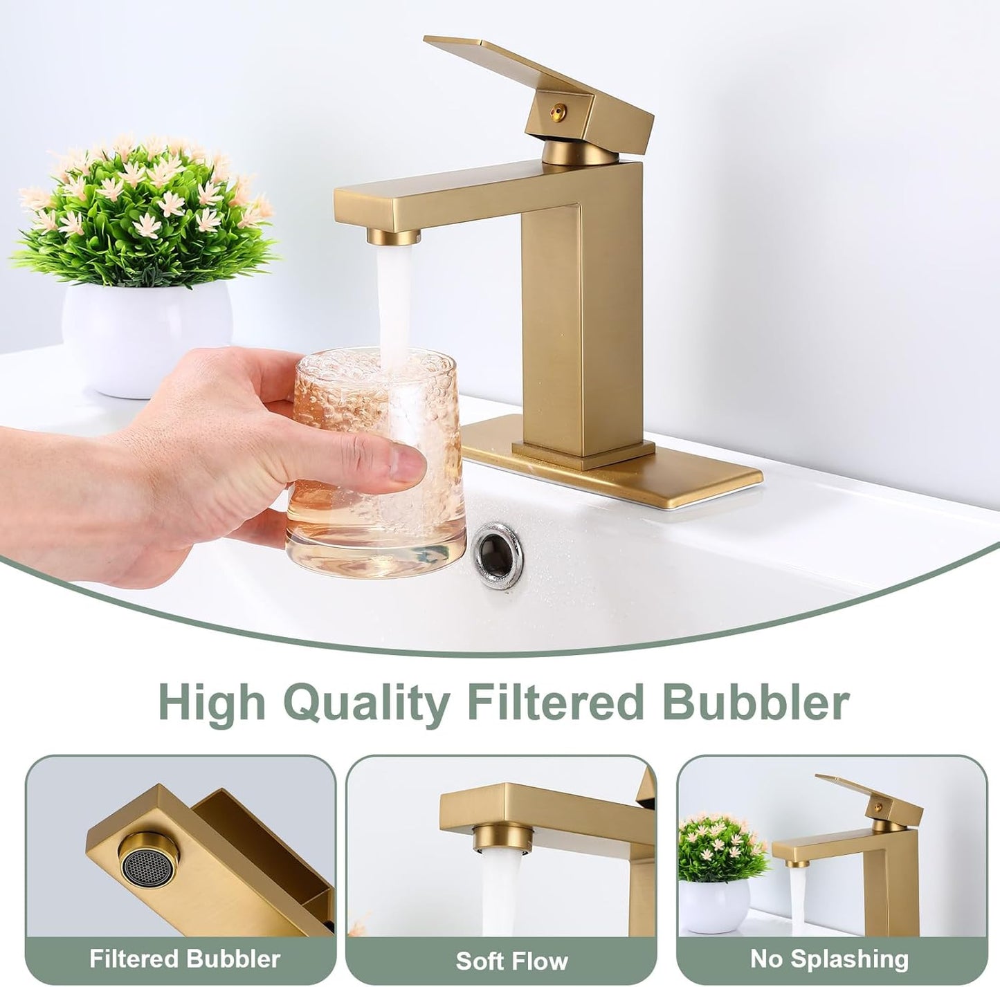 Bathroom Faucet Brushed Gold Single Handle Vessel Sink Faucet 1 Hole Modern Stainless Steel Vanity Faucet for Bathroom Sink with Pop Up Drain Stopper & Water Supply Hoses