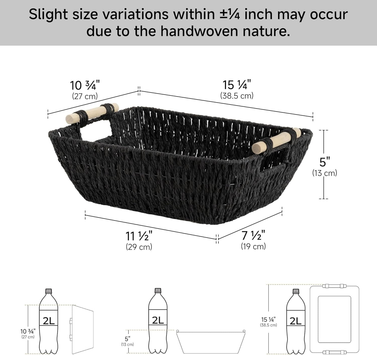 StorageWorks Large Wicker Storage Basket for Organizing with Wooden Handles, Toilet Paper Baskets for Bathroom, Black, 2-Pack