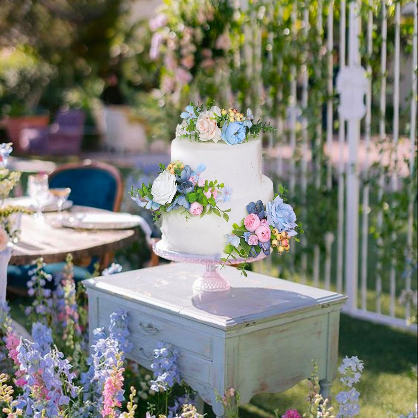 Rinlong 3Pcs Baby Blue Pink Cake Topper Pre-made Cake Decorations Pastel Blush Wedding Cake Decorating Flowers Cake Decor for Baptism Girl Women Birthday Party