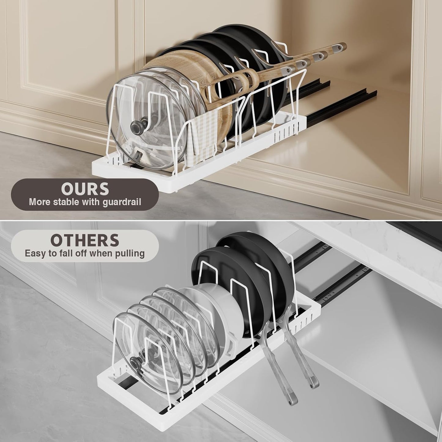 Pots and Pans Organizer Under Cabinet, 22" Deep Expandable Pull Out Pot Lid Organizer and Storage with 10 Adjustable Dividers No Drill Pot and Pan Holder Rack with Handle Bracket(1 Pack,White)