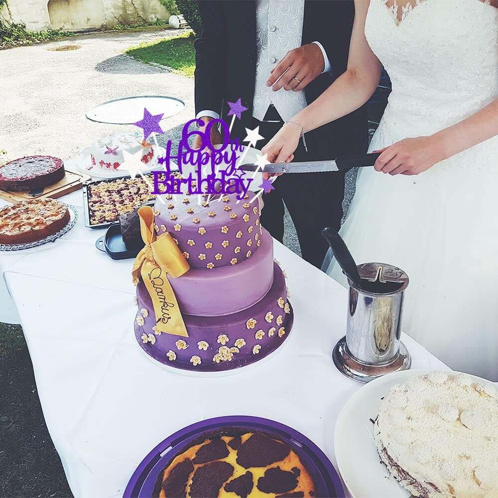 Glittery 60th Happy Birthday Cake Topper with Star,Personalised 60 Birthday Cake Toppers Party Decorations Party Supplies for Men Women Purple Silver