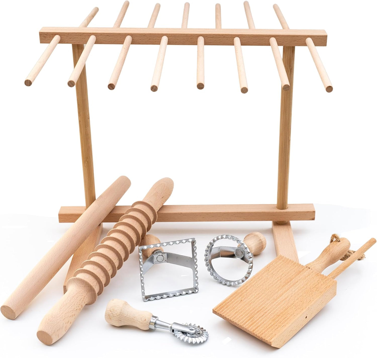 Ultimate 9 Pcs Pasta Making Tool Set Pasta Drying Rack, Pasta Tongs, Two Ravioli Stamp Maker Cutter And Roller Wheel Set, Two Pasta Rolling Pins, Gnocchi Board and Scraper By Cotswold Homeware Co