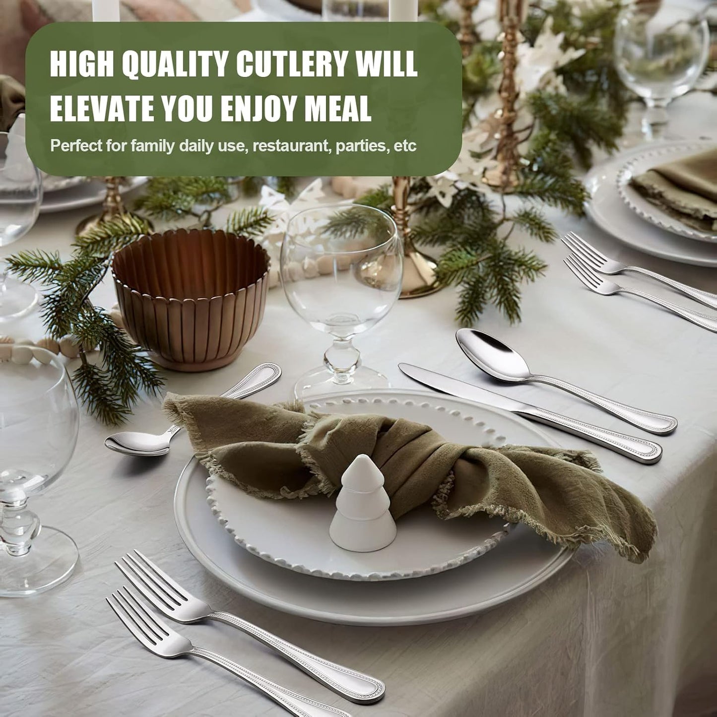 60-Piece Silverware Set for 12, Stainless Steel Flatware, Mirror Polished Cutlery Set, Utensils Include Spoons, Forks, Knives for Home, Restaurant, Beaded Handle, Dishwasher Safe