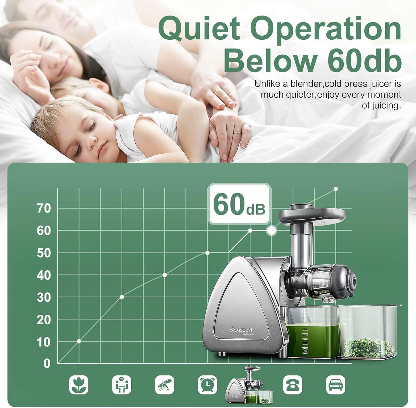 Juicer Machine, Aobosi Slow Masticating Juicers, Cold Press Juicer Machines with Reverse Function, Quiet Motor, High Juice Yield with Juice Jug & Brush for Cleaning (Gray)