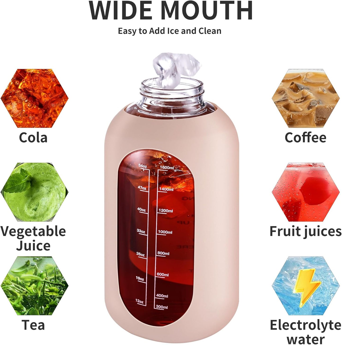 CIVAGO 32 oz Glass Water Bottle with Straw and Handle, Large Sports Motivational Water Bottle Flask with Time Marker and 2 Lids, Leakproof Water Jug Canteen with Silicone Sleeve for Gym,Smog Blue