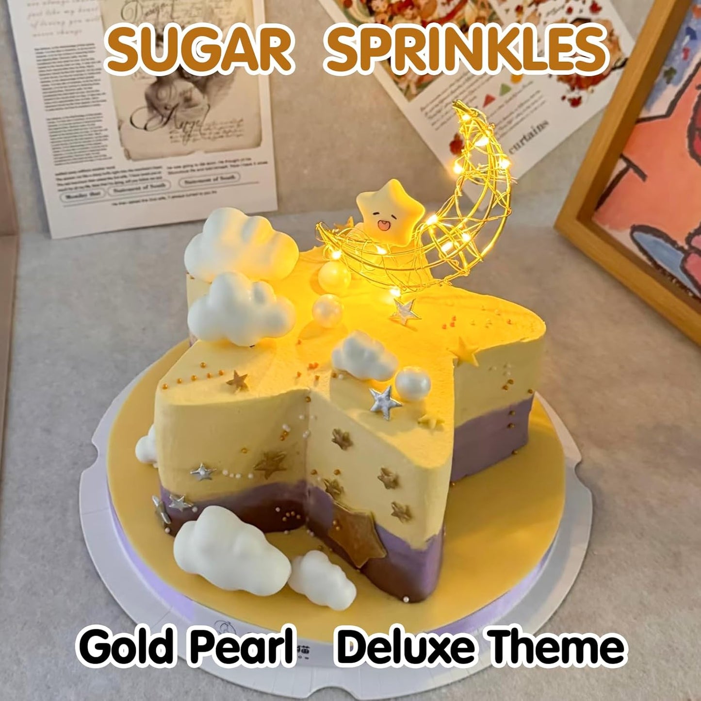 Gold Pearl Sprinkles,Edible Pearl Stars Rods Sugar Candy,Mix Size,Baking Cake Decorations,Cupcake Toppers,Cookie Donuts Ice Cream,Holiday,Birthday Wedding Party Valentines Christmas Supplies,130g/4.58oz