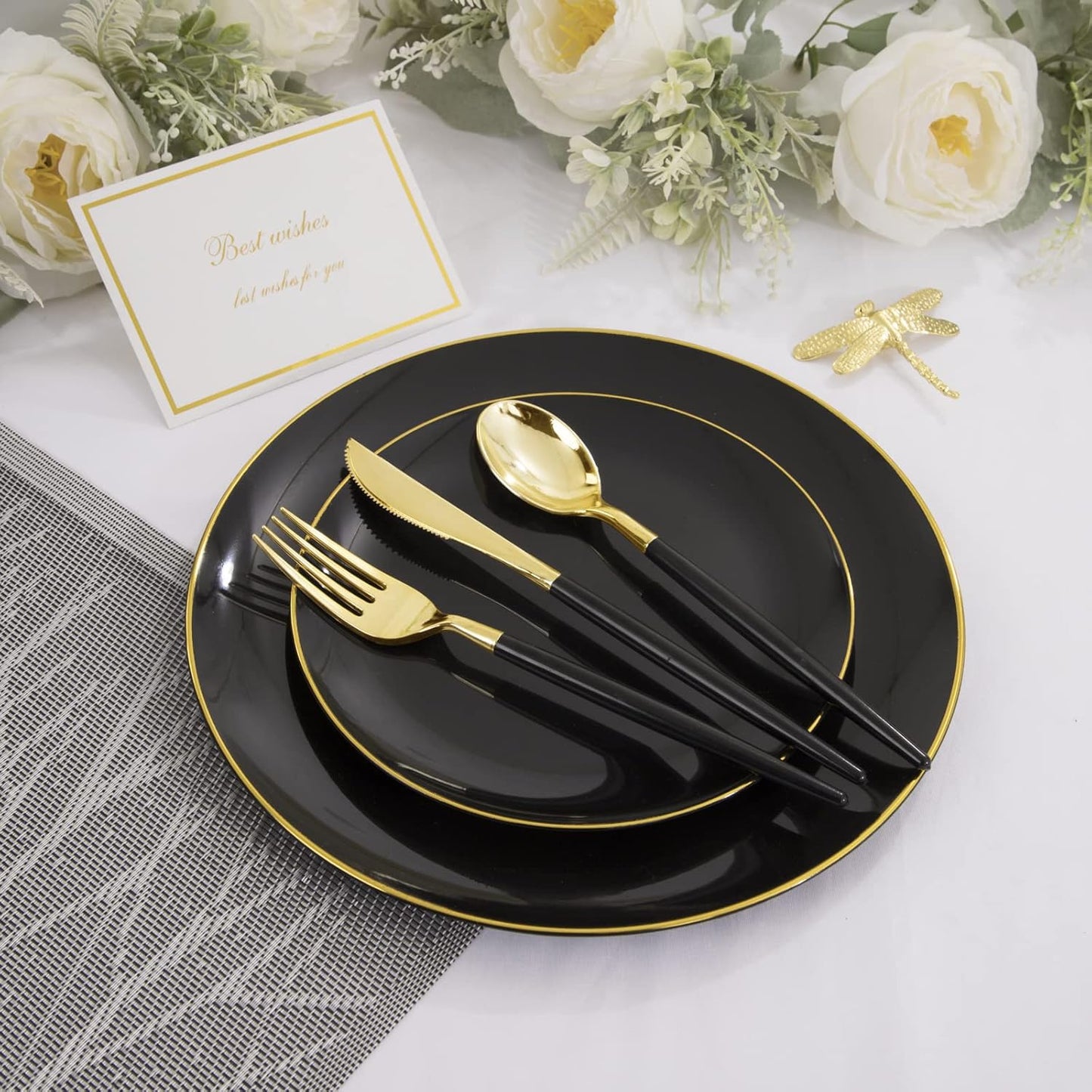 KIRE 60PCS Black Plastic Plates - Black Disposable Plates with Gold Rim for Party/Graduation - Include 30Pcs 10.25inch for Dinner and 30Pcs 7.5inch for Dessert