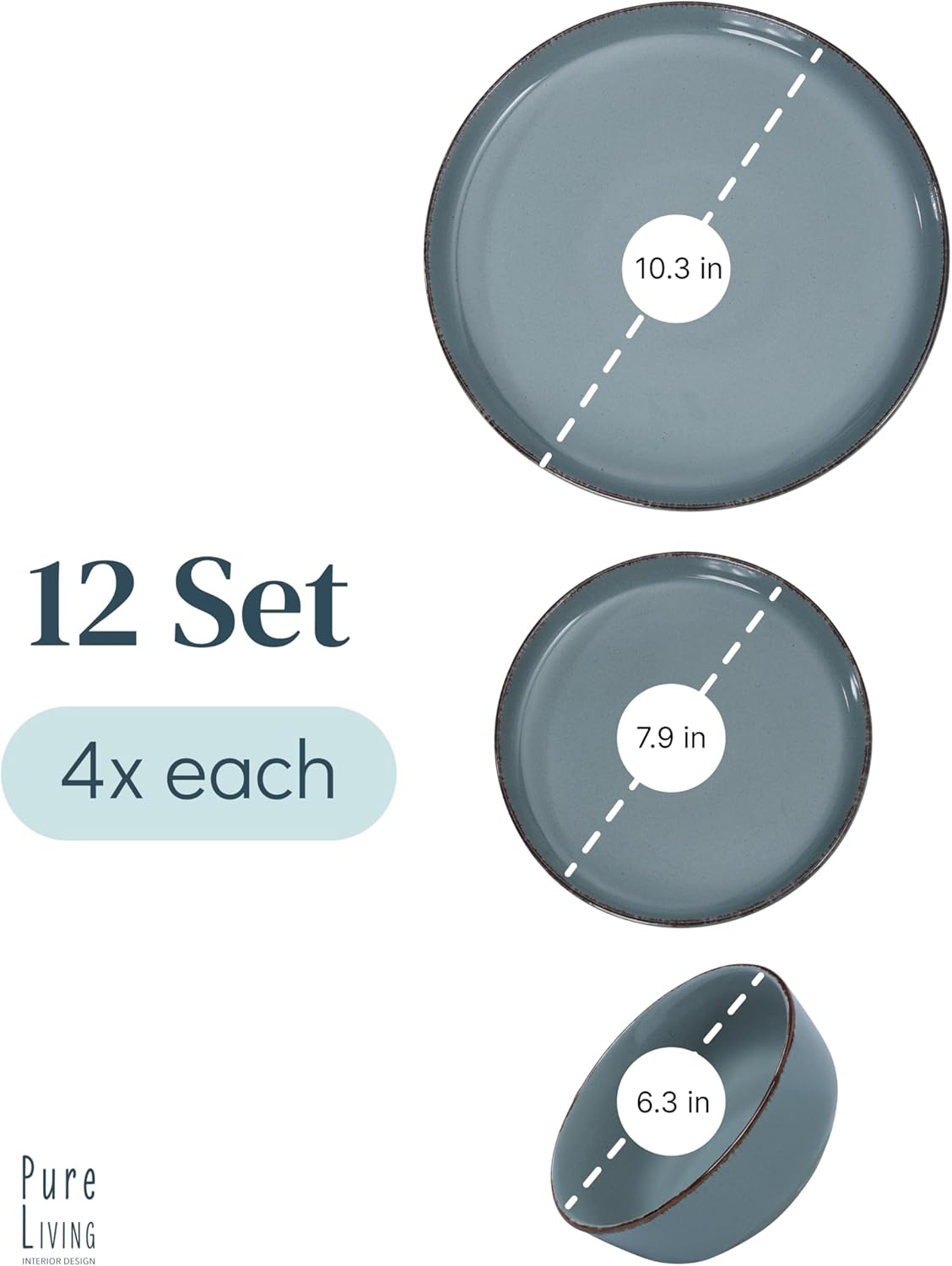 Stoneware dinnerware set 4 persons Rustic 12 pcs - Rustic design dinnerware set, dishwasher safe - Bowl and plate set - Pure Living dinnerware in smoky blue…