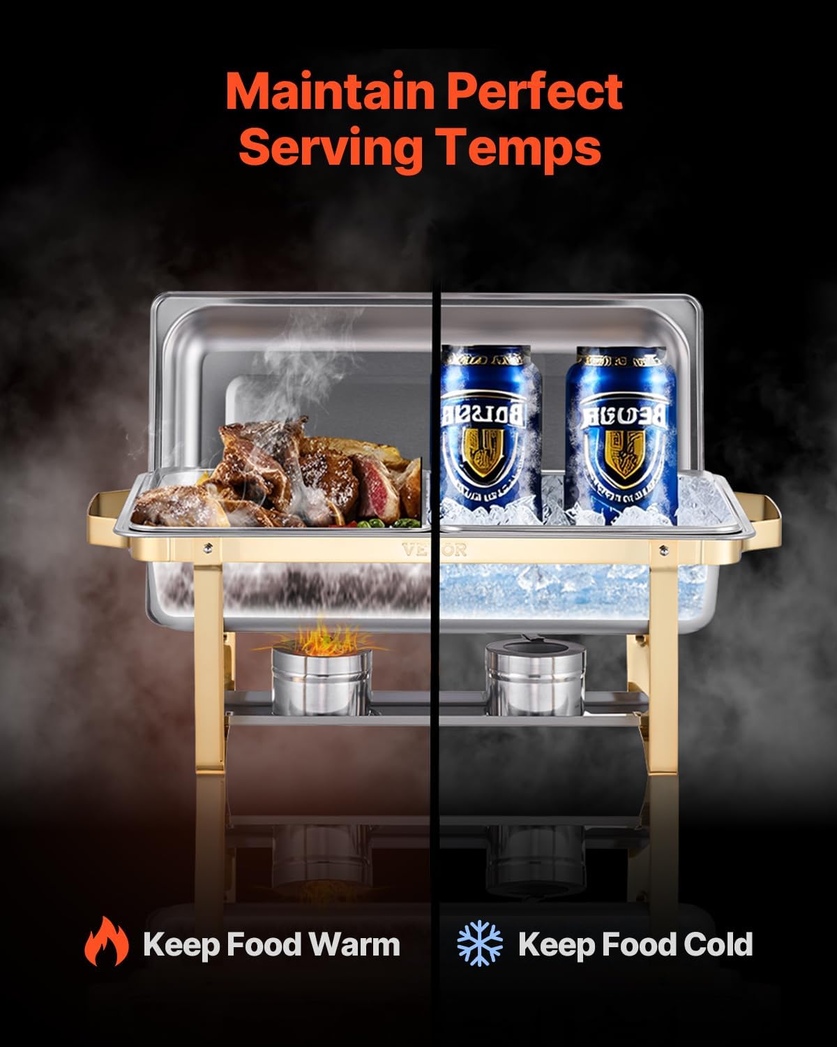 VEVOR Chafing Dish Buffet Set, 8 Qt 4 Pack, Stainless Steel Chafer with 2 Full Size and 4 Half Size Pans, Rectangle Catering Warmer Server with Lid Water Pan Stand, for Weddings Parties Banquets, Gold