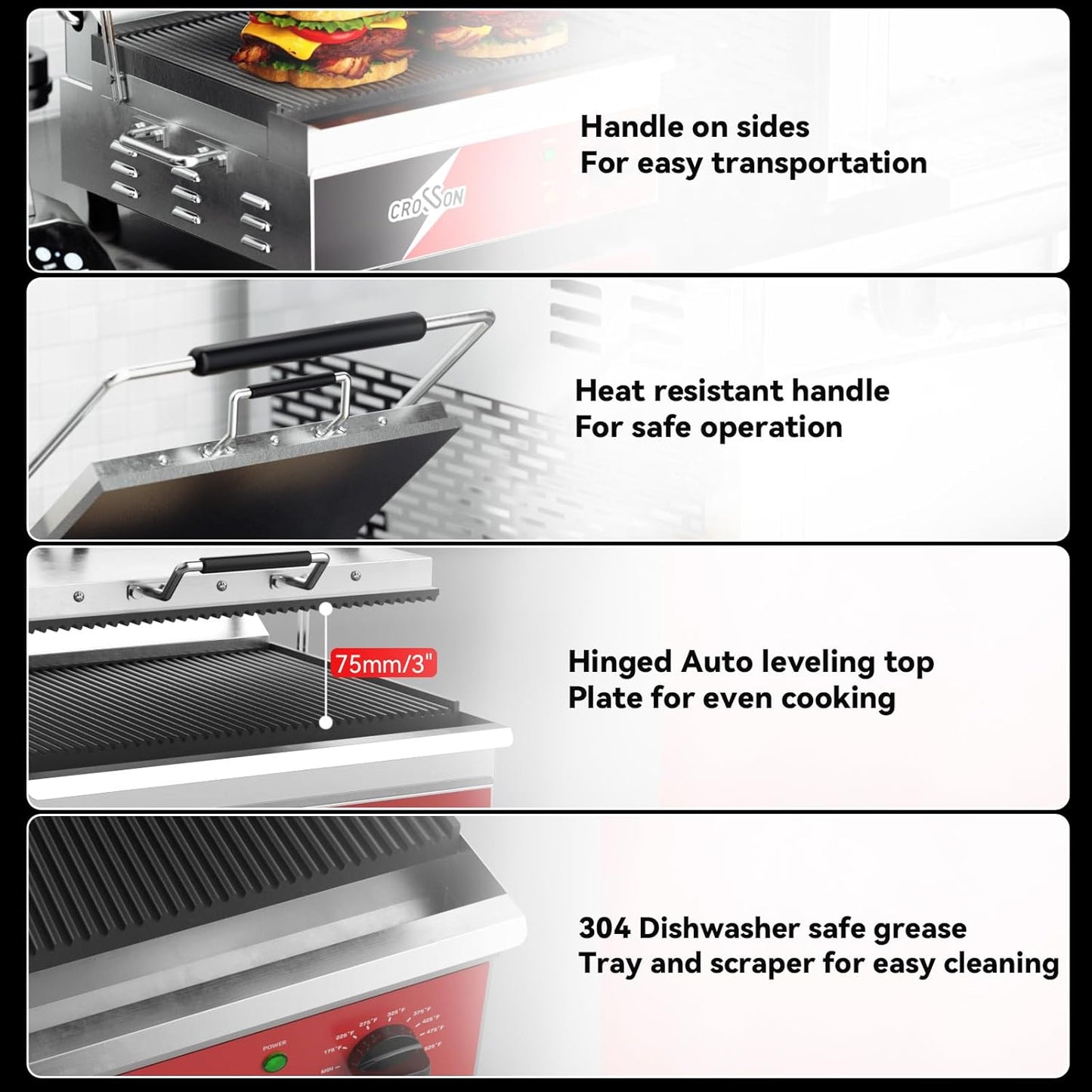 CROSSON 15"×11" Ribbed ETL Listed Commercial Electric Panini Grill,Hinged Auto Leveling Top Plate Panini Press Sandwitch Maker