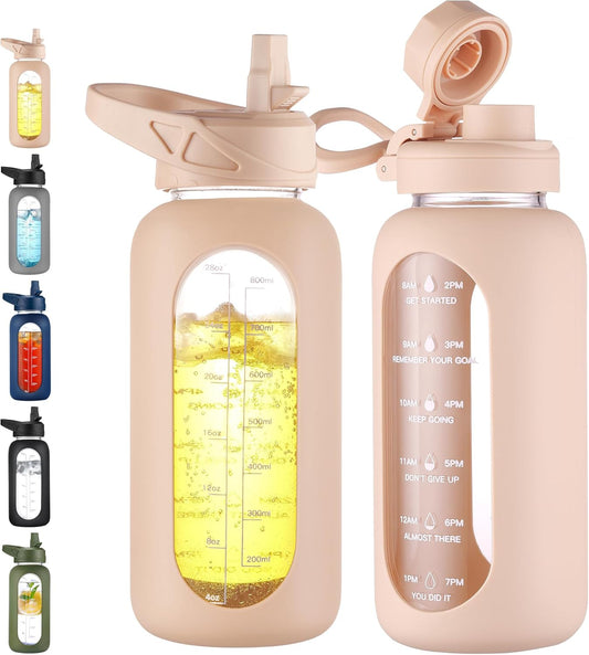 CIVAGO 32 oz Glass Water Bottle with Straw and Handle, Large Sports Motivational Water Bottle Flask with Time Marker and 2 Lids, Leakproof Water Jug Canteen with Silicone Sleeve for Gym,Beige