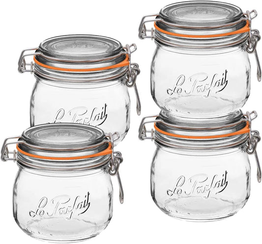 Le Parfait Super Jar, Canning Jars, 500mL French Glass Canning Jar w/Round Body, Glass Jars With Airtight Lid, Canning Jars Wide Mouth, Glass Jar w/Lid, Clear Jars, Clear Glass Jars (16oz/Pint, 4 pk)