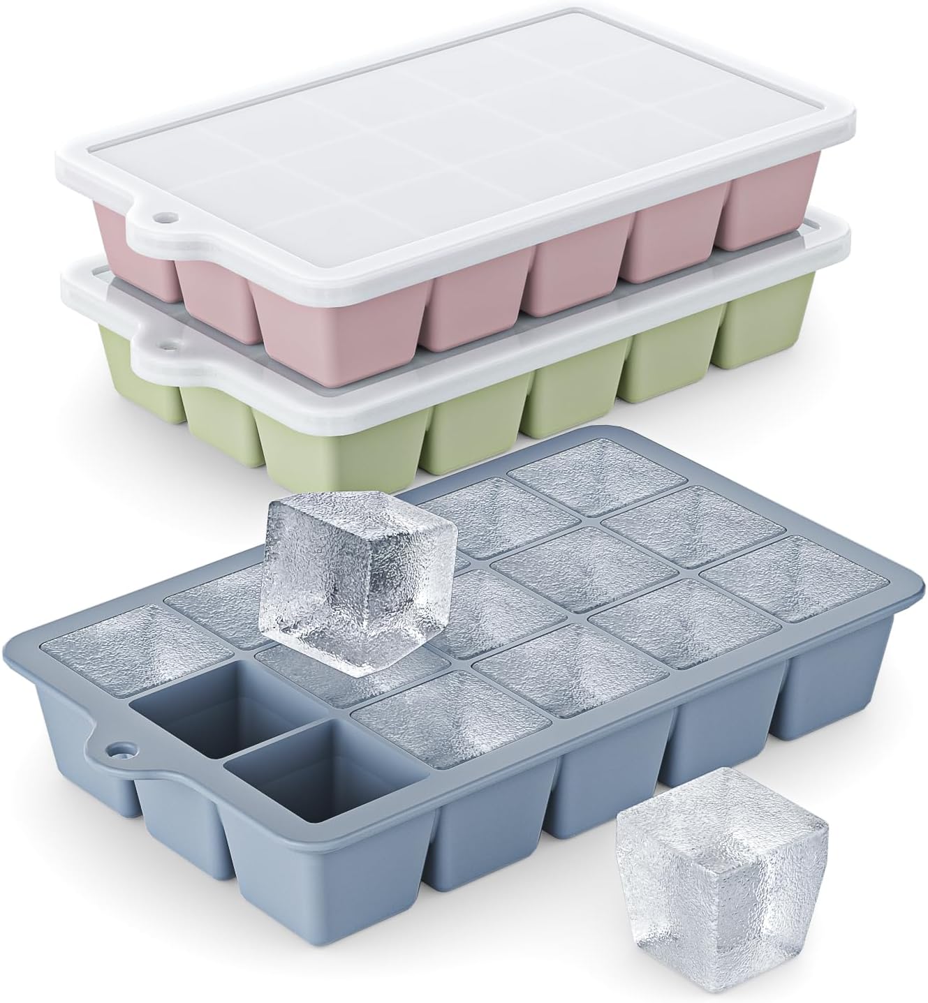 Silicone Ice Cube Tray 3 Pack - EASY RELEASE ice cube tray with lid, BPA Free Ice Cubes Trays for Freezer,ice cube mold for Cocktail,Whiskey