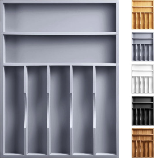 Kitchen Bamboo Silverware Organizer, Kitchen Drawer Organizer - Utensil Holder and Cutlery Tray with Grooved Drawer Dividers for Flatware 7 Slot, Grey