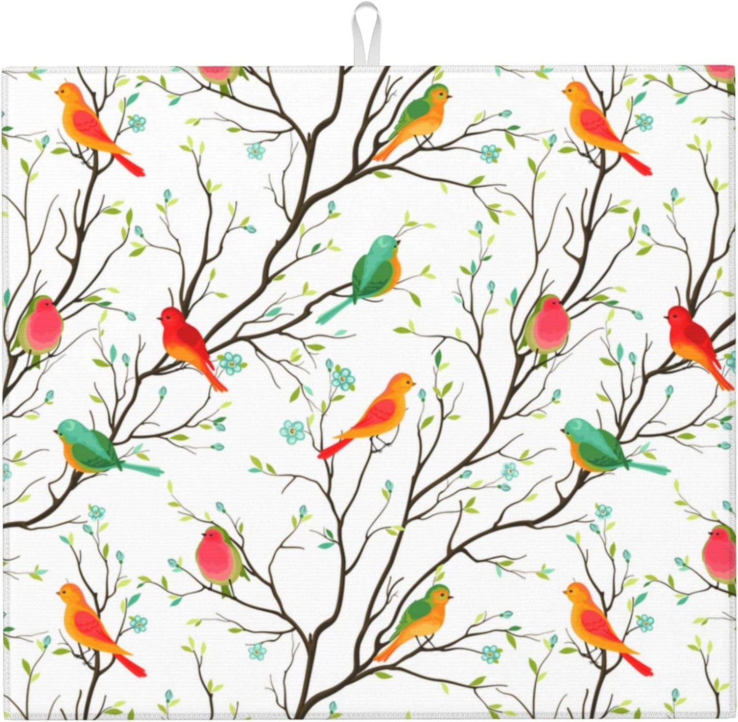 Birds on Tree Dish Drying Mat for Kitchen Counter Washable Absorbent Reversible Microfiber Cute Birds Drying Pad Kitchen Accessories 16x18 Inch