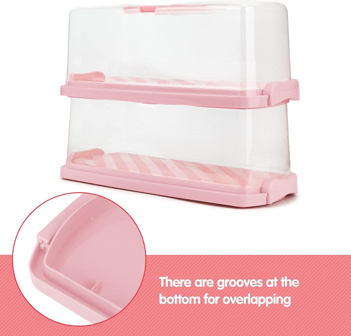 2-Pack Plastic Rectangular Bread Box with Clear Lid, Loaf Cake Keeper, Portable Bread Keeper Storage Container with Handle (Pink)