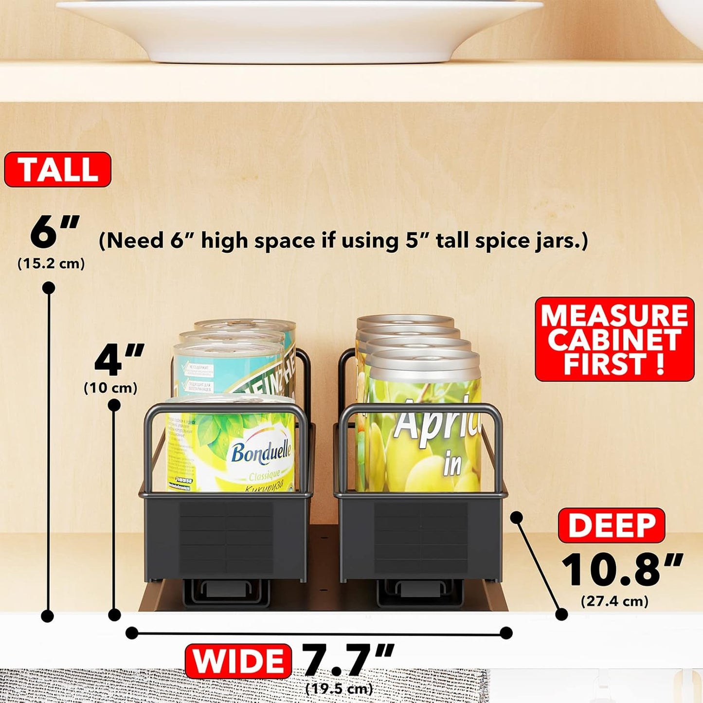 SpaceAid Pull Out Spice Rack Organizer for Cabinet, Heavy Duty Slide Out Seasoning Kitchen Organizer, Cabinet Organizer, with Labels, 7.7" W x10.8 D x4 H, 2 Drawers 1-Tier