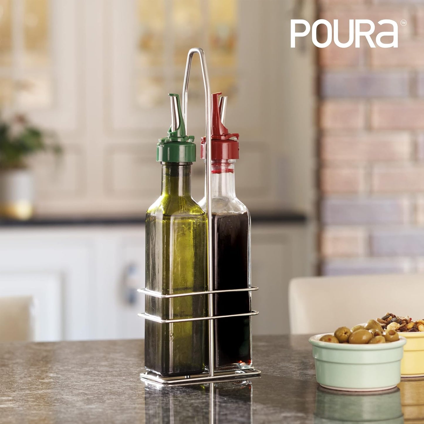 Poura Vinegar and Olive Oil Bottle Drizzler Set with Unique ClickSeal Pour Spouts | Glass Oil & Vinegar Dispenser Bottles for Cooking Kitchen Dining | Hygienic Covers + Silicone Decanter Funnel 250ml