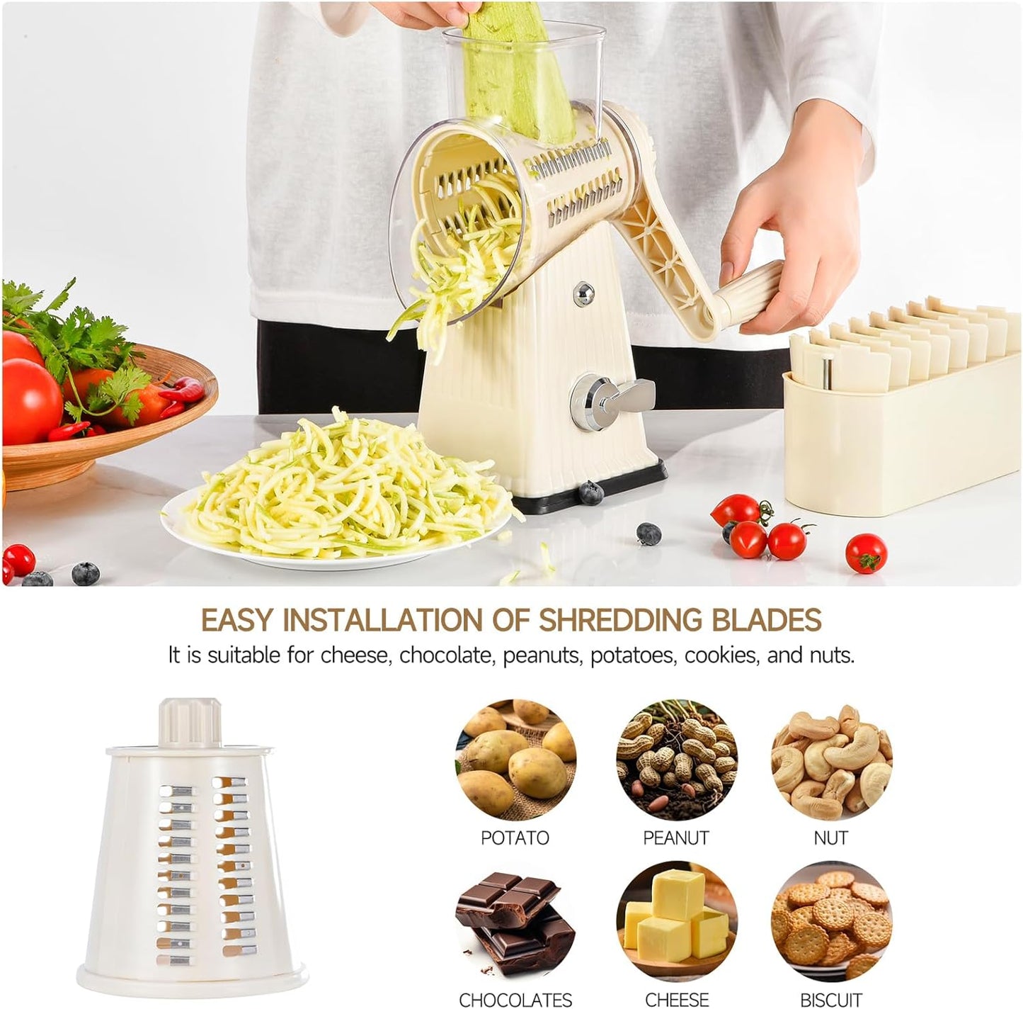RotaryCheese Grater,VegetableShredder 5 in 1 Cheese Grater with HandleedderReinforcedSuction,EasytoClean,KitchenChopperforCrushedIce,Fruits and Nuts with Blade Storage Case（White