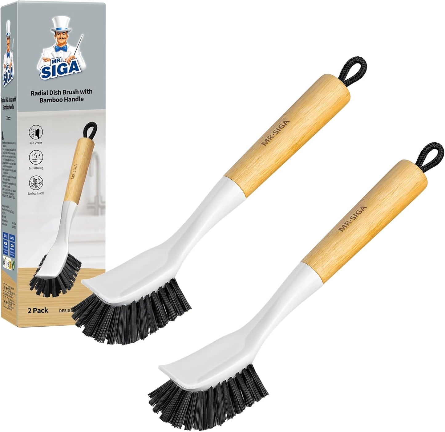 MR.SIGA Dish Brush with Handle, Dish Scrub Brush, Bamboo Dish Brush, Safe on Nonstick Pots, Pans, 2 Pack
