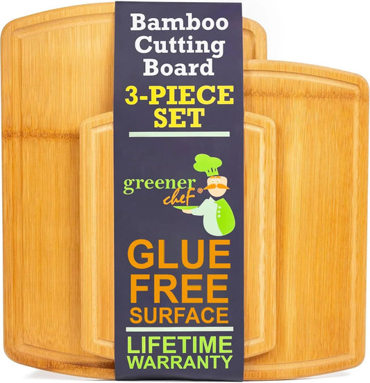 FSC® Certified Extra Large Bamboo Cutting Board Set of 3 – Featuring Glue-Free Surface™ Non Toxic Wood Cutting Boards for Safer Family Cooking and Lifetime Replacements for Peace of Mind