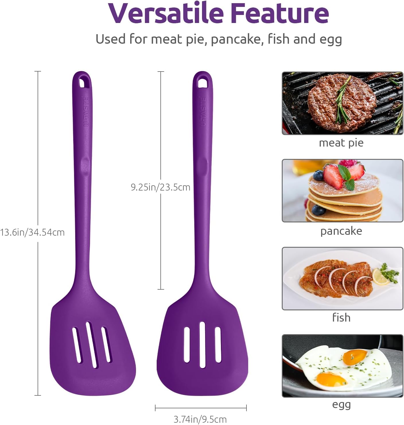 600ºF Heat Resistant Slotted Turner: U-Taste 13.6in Silicone Kitchen Spatula Flipper, 3.74in Wide Food Grade Flexible Thin Rubber Cooking Utensil for Egg, Pancake, Cookie in Nonstick Cookware (Purple)