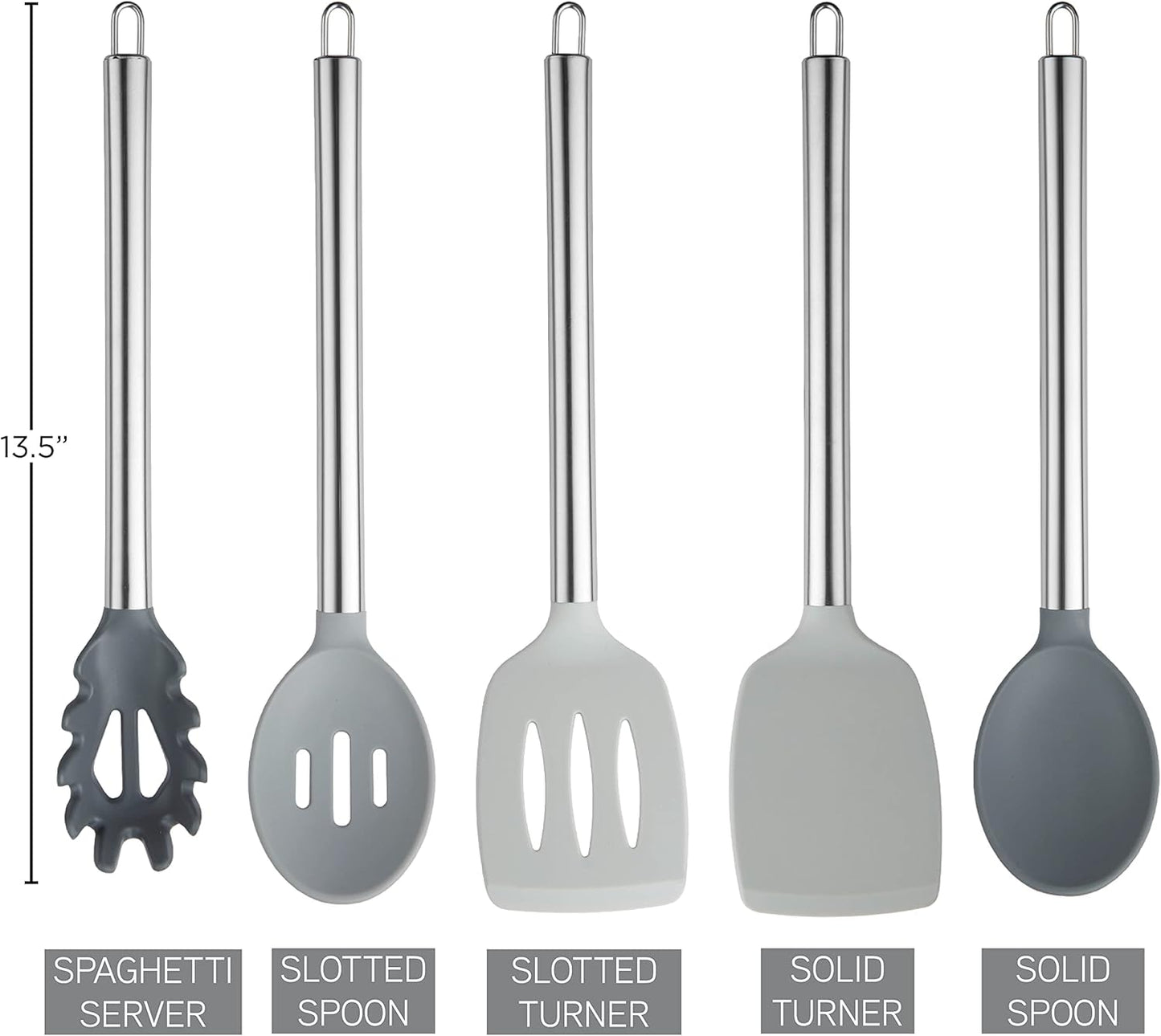 COOK WITH COLOR Silicone Cooking Utensils, Kitchen Utensil Set, Easy to Clean Silicone Kitchen Utensils, Cooking Utensils for Nonstick Cookware, Kitchen Gadgets Set, 5 Pieces, Grey Ombre