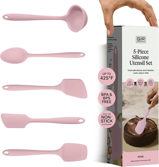 GIR: Get It Right - 5 Piece Essentials All Purpose Set - Ladle, Spatula, Flip, Spoon & Spoonula, Non-stick, Heat Resistant, Dishwasher Safe, Kitchen Utensils, Baking Supplies - Rose