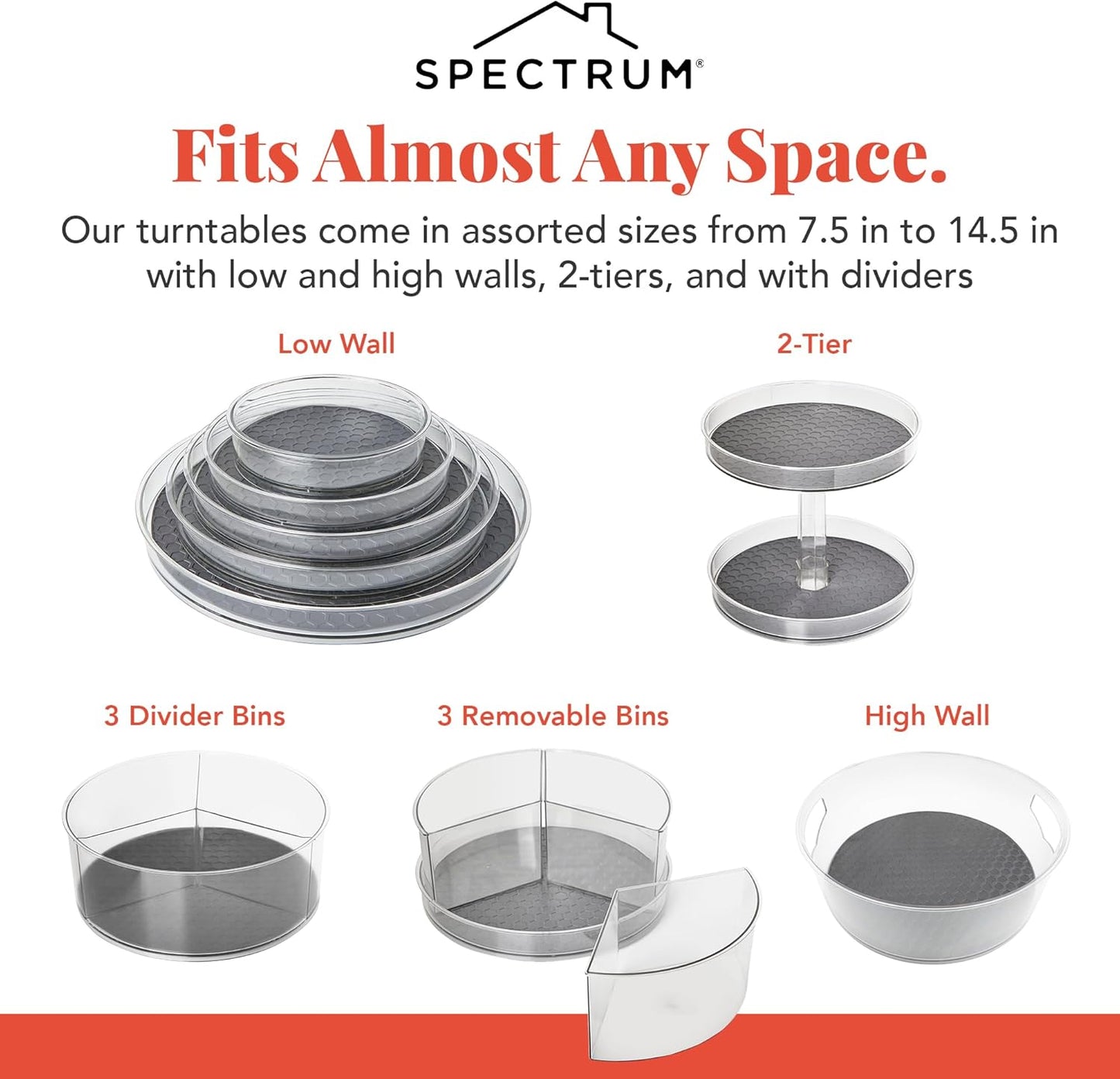 Spectrum Medium Lazy Susan Organizers 9.5 in Pack of 2 for Cabinet Pantry Table Rotating Kitchen Storage Spice Rack Fridge Organization, Charcoal Gray Spinning Turntable for Sauces Jams Condiments